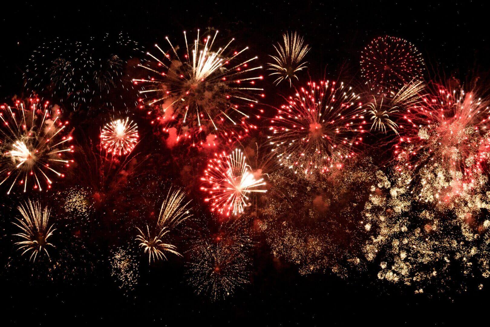A bunch of fireworks are lit up in the dark
